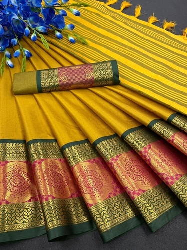 Designer Cotton Silk Saree - 5.50 Mtr Length Yellow with Exclusive Jacquard Border and Contrast Pallu | Perfect for Casual Wear Suitable for All Seasons