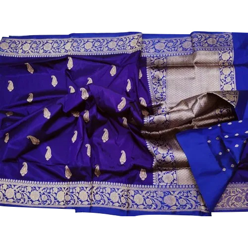 Katan Silk Saree - Pure Handloom, 6.3m Length with Blouse Piece, Blue Color, Gota Work Embroidery for Wedding Occasions
