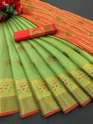 Viha Pista Cotton Silk Saree - Soft Cotton Silk 5.50 Mtr Length Antique Gold Zari Weaving Contrast Jacquard Blouse | Perfect for Traditional Occasions Washable and Versatile