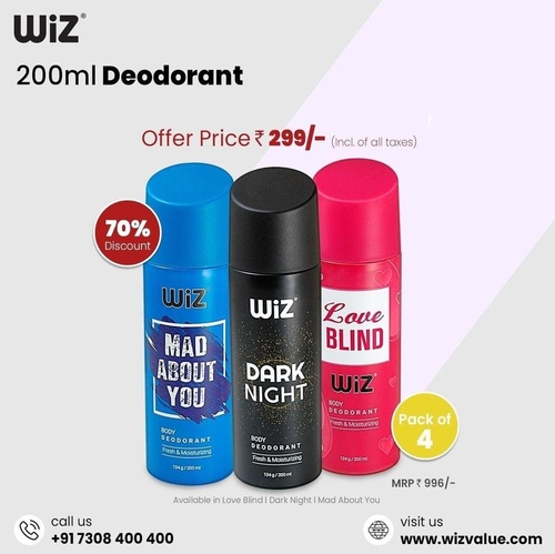 Wiz Body Deodorant Spray  - 200ml (Pack of 4)