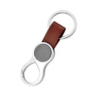 Round Hanging Metal Keychain With Brown Pu Strap - Metal, Black Plating, Silver Color | Professional Indian Gift With Elegant Design