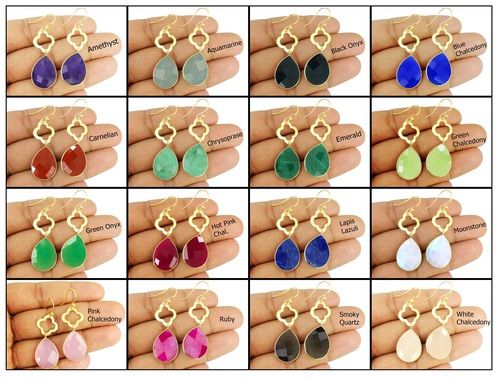 Gemstone With Clover Earring- Gold Vermal Bezel Set Drop Earring