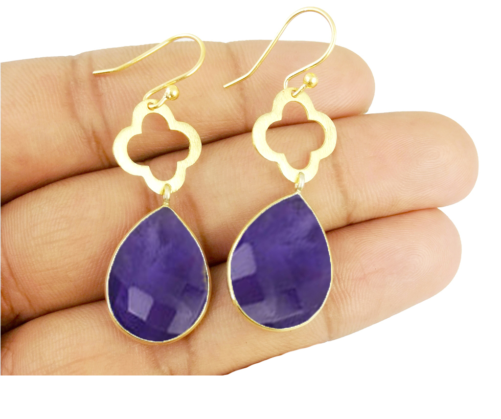 Gemstone With Clover Earring- Gold Vermal Bezel Set Drop Earring