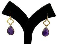 Gemstone With Clover Earring- Gold Vermal Bezel Set Drop Earring