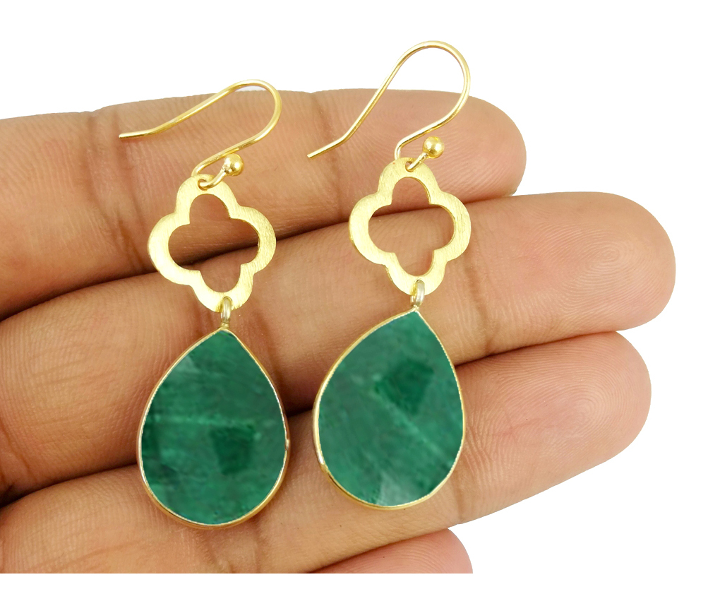 Gemstone With Clover Earring- Gold Vermal Bezel Set Drop Earring
