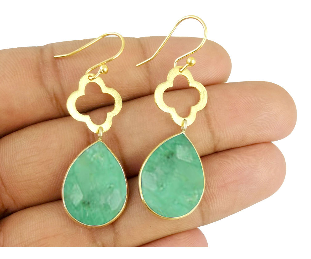 Gemstone With Clover Earring- Gold Vermal Bezel Set Drop Earring