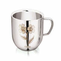 Stainless Steel Double Wall Coffee Cup - 190ml, 80mm Size, Silver Color, Mirror Finish, Cute Cappuccino Flower Laser Print Design