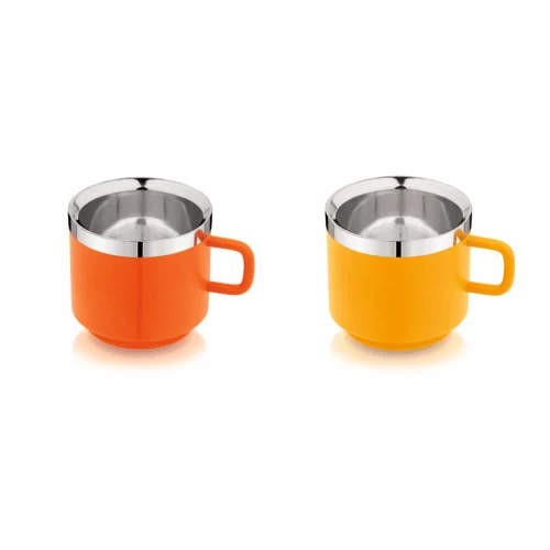 140 ML Stainless Steel Double Wall Tea Cup - 65mm Size | Vibrant Orange and Yellow Color Durable Double Wall Insulation