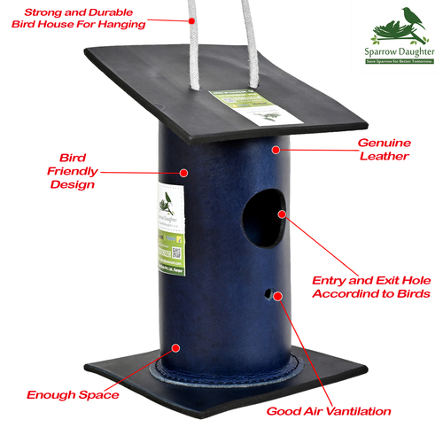 Handmade Blue Color Bamboo Birdhouse Made Of Leather Vegan Leather And
