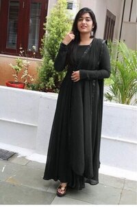 Harini Georgette Anarkali Kurti - 51" Length, Black With Satin Patta Less Border , Full Ghera Design For Casual And Party Wear, Washable, Available In Sizes M, L, Xl, Xxl