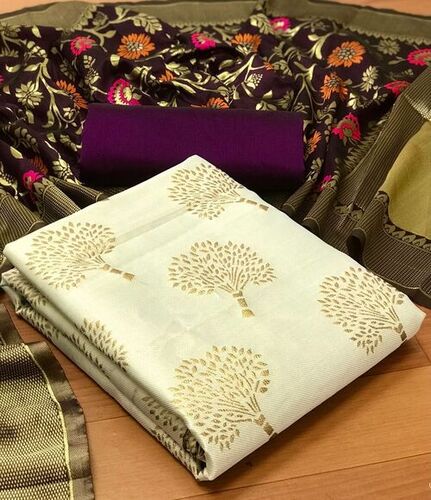 Savi White Banarasi Silk Dress Material