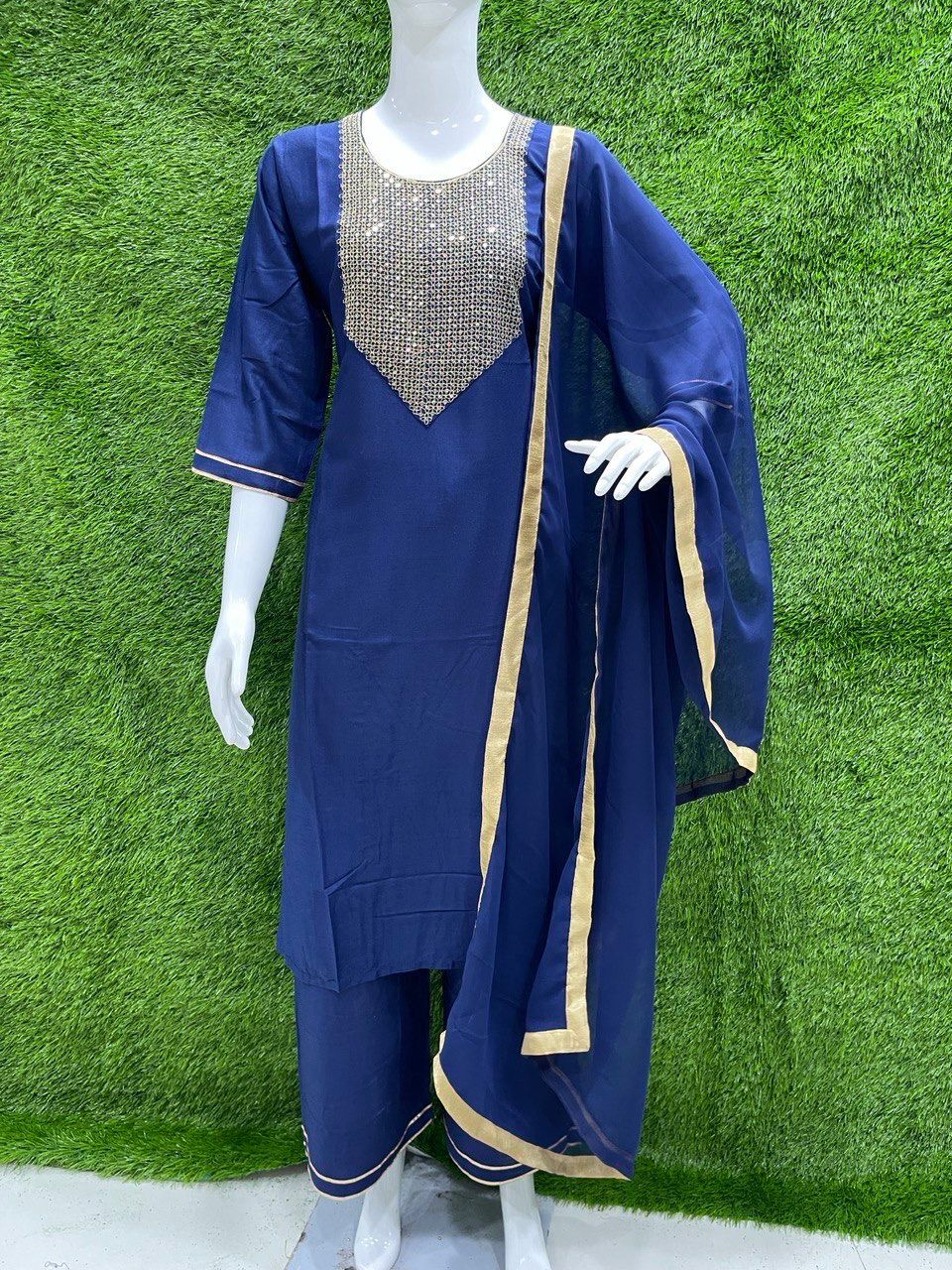 Nency Navy Blue Rayon Kurti Plazzo