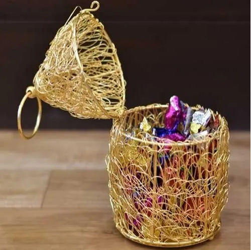 Metal Hanging Gift Box Round Shape Golden Powder Coated