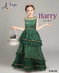 Baby Gown Georgette Sequence Work Gowns - Georgette, Maxi Length, Green Color , Comfortable Fit, Elegant Design, Tiered Style, Sleeveless, Sparkly Sequins