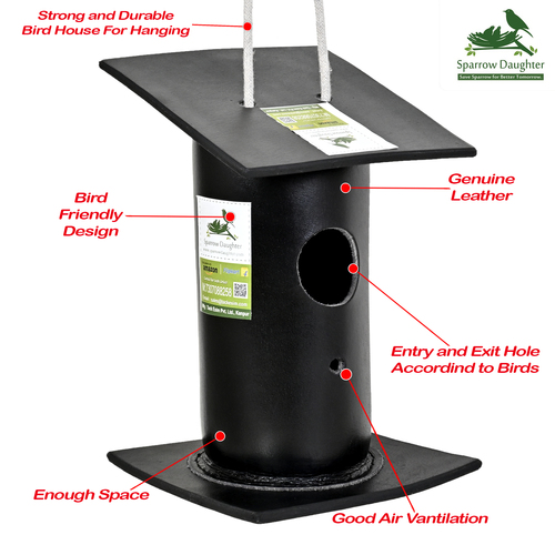 Handmade Black Color Bamboo Birdhouse made of Leather Vegan Leather and Synthetic leather