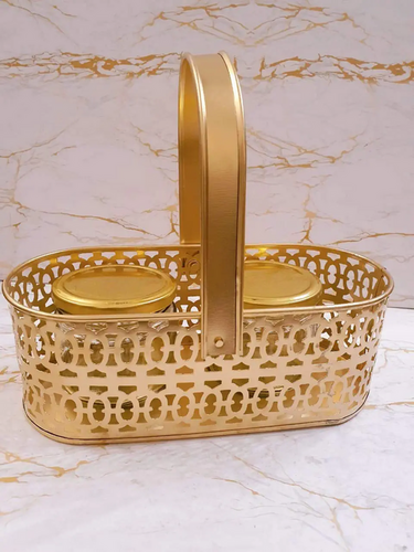 Metal Gifting Best Wishes Golden Basket with 2 Glass Jar Gift Packing Dry fruit Box Sweet Box Chocolate Box