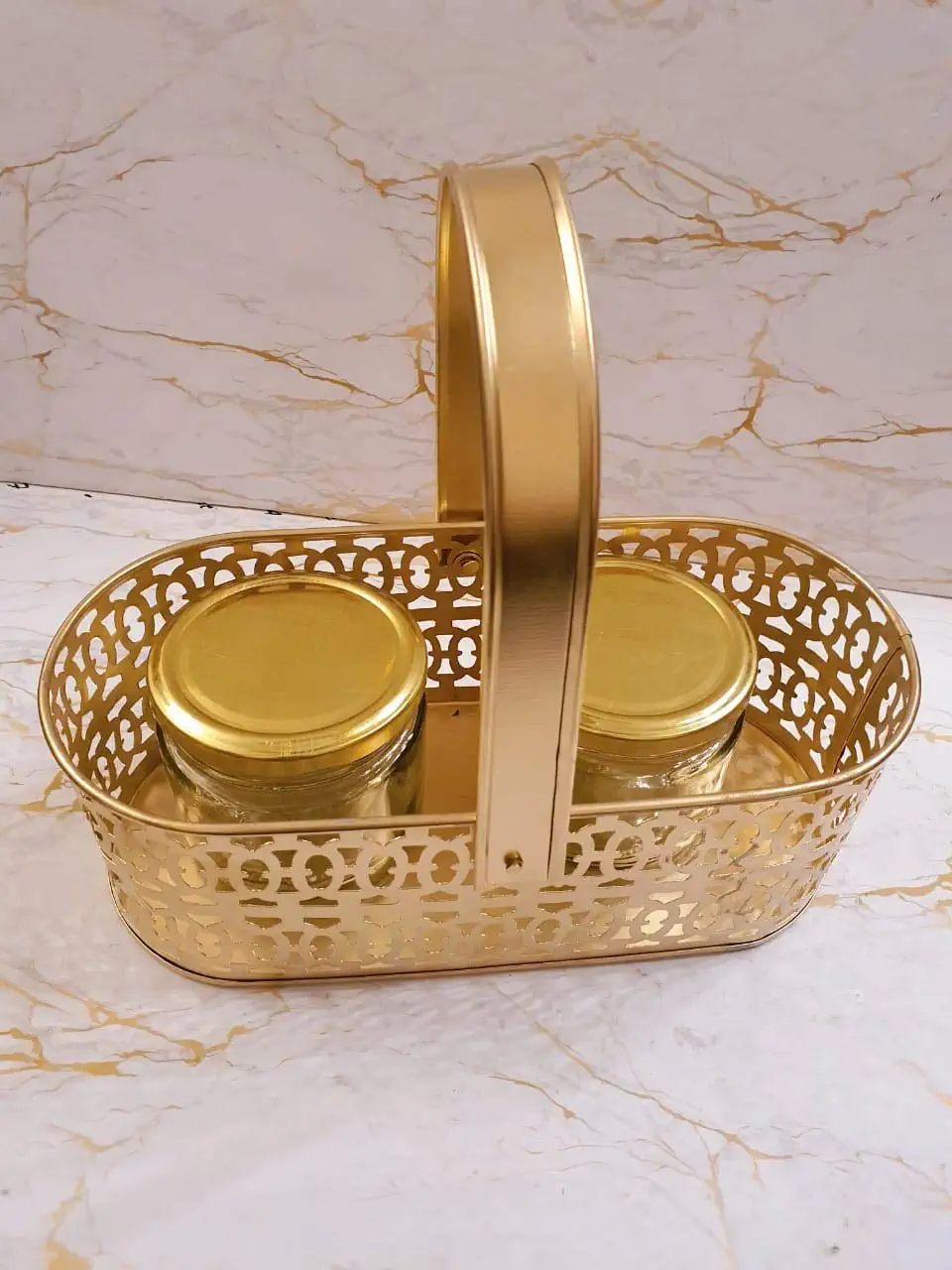 Metal Gifting Best Wishes Golden Basket with 2 Glass Jar Gift Packing Dry fruit Box Sweet Box Chocolate Box