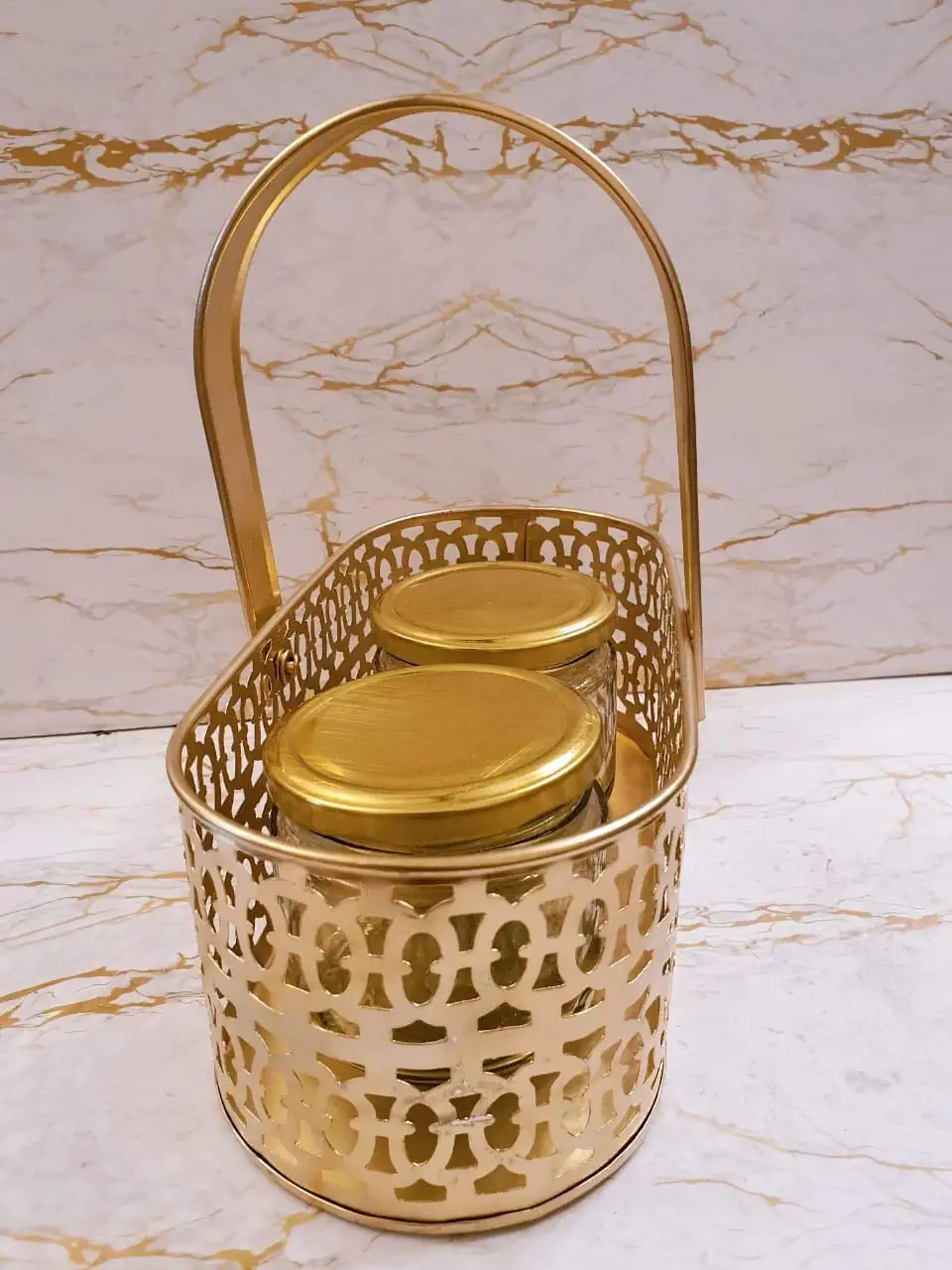 Metal Gifting Best Wishes Golden Basket with 2 Glass Jar Gift Packing Dry fruit Box Sweet Box Chocolate Box