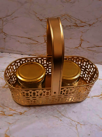 Metal Gifting Best Wishes Golden Basket with 2 Glass Jar Gift Packing Dry fruit Box Sweet Box Chocolate Box