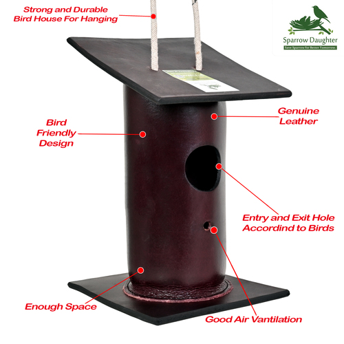 Bordo Color Birdhouse Handcrafted with Leather, Vegan Leather & Synthetic Leather - 15x15x24 cm, Easy Installation, Safe for Small Birds