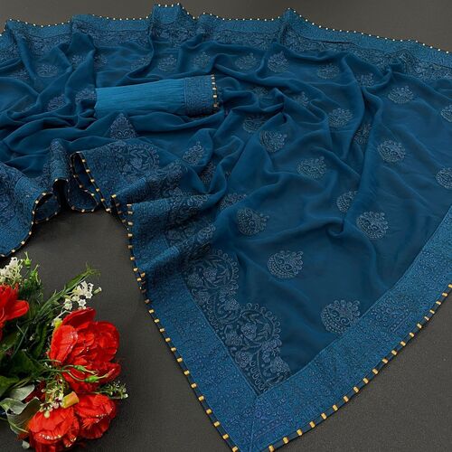 LizaSaree - Georgette Fabric with Satin Banglori Blouse C-Green Party Wear with Resam Embroidery