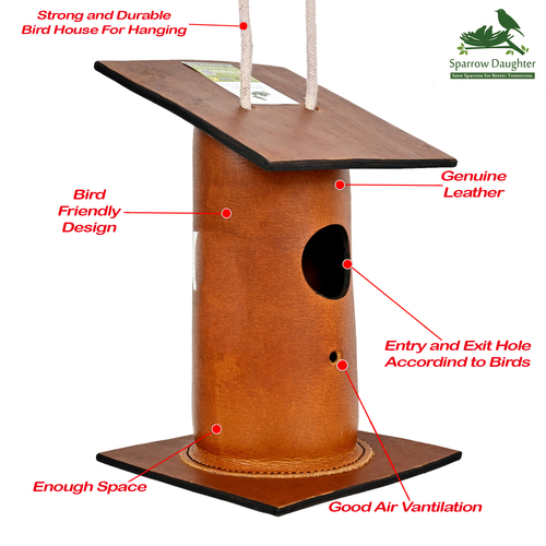 Handmade Bamboo Birdhouse - Leather & Vegan Leather, 15x15x24 cm Yellow Design for Small Birds, Easy Installation with Wall Mounting Options