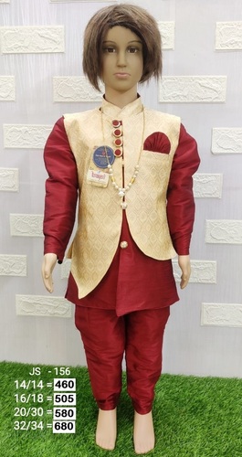 Boys Fairy Dress-12 - Cotton Ethnic Set for Age 1-10 Years, Red Color, 6 Pieces Including Kurta, Pajama, Waist Coat, Full Sleeves, Washable