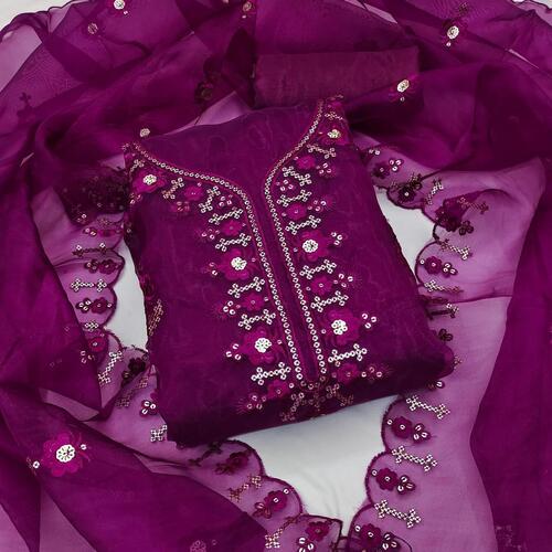 Embroidered Toral Purple Organza Dress Material