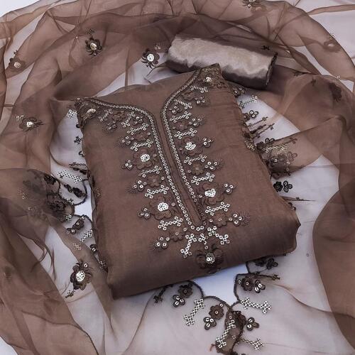Toral Brown Organza Dress Material