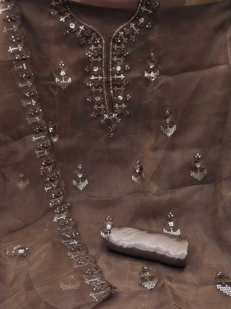 Toral Brown Organza Dress Material
