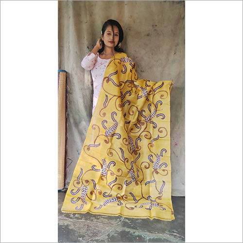 Silk Yellow Hand Painted Kalamkari Painted Plain Tassur Dupatta