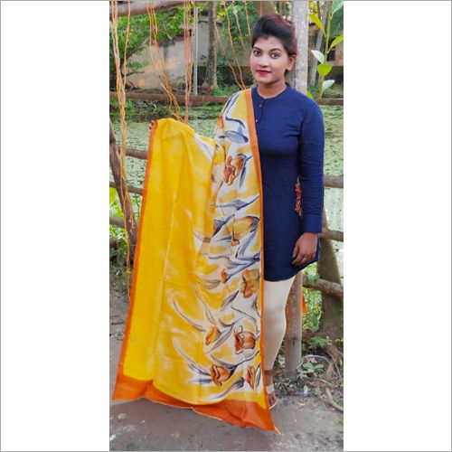 Printed Yellow Hand Painted Pure Silk Dupatta