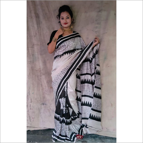 Stylish Latest Black White Jaipuri Hand Printed Zigzag Cotton Mulmul Saree  2022-2023