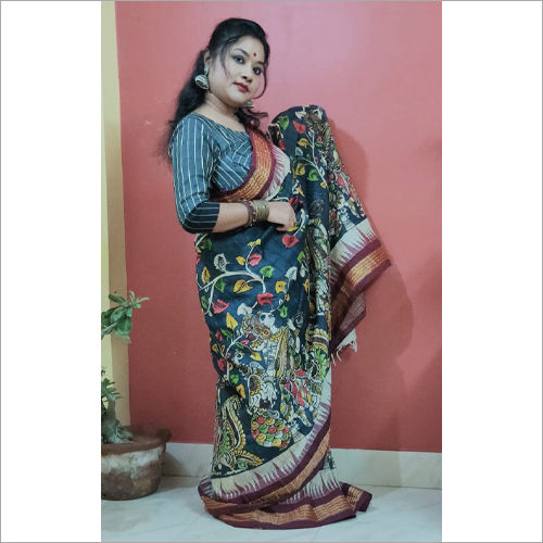 Cotton Silk Green Hand Painted Kalamkari Sarees