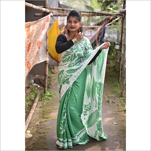 Bollywood Light Green Hand Painted Wax Batik Modal Silk Sarees