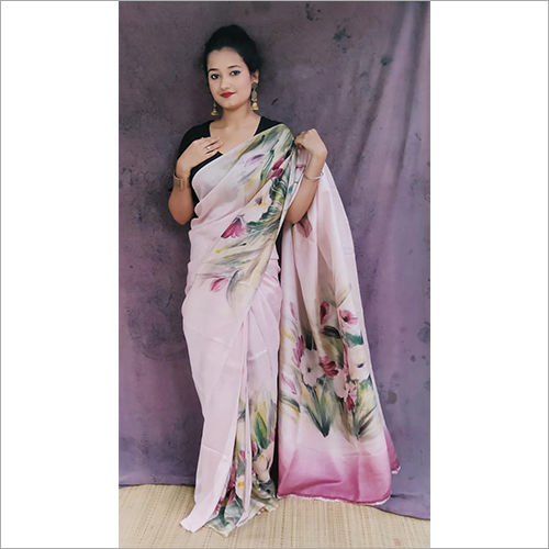 Cotton Light Pink Hand Painted Murshidabad Silk Sarees