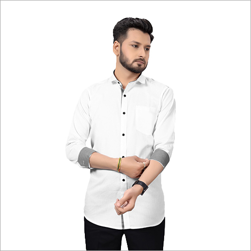 Mens Cotton Slim Fit Shirts - Cotton Regular Fit - White Full Sleeves Contemporary Kent Collar Double-Button Mitered Cuffs Chest Pocket