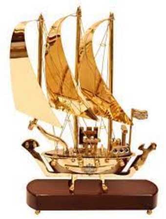 Golden Brass Ship With Wooden Base