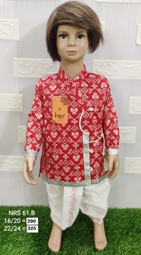 Boys Kurta Pajama-16 - Cotton Ethnic Wear for Ages 1-5 Years Red & White Printed Full Sleeves | Washable Available in Sizes S M L XL