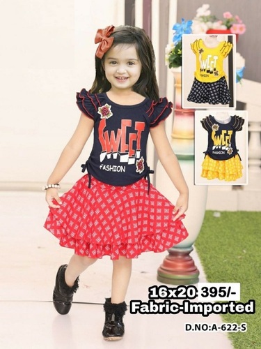 Girls Fancy Party Dress-20 - Cotton Size: S M L XL | Age Group: 1-3 Years Color: Navy Blue and Red Short Sleeves Washable Western Style