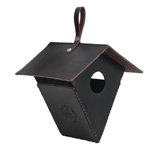 Handmade lantern shape birdhouse dark brown color made of leather vegan leather