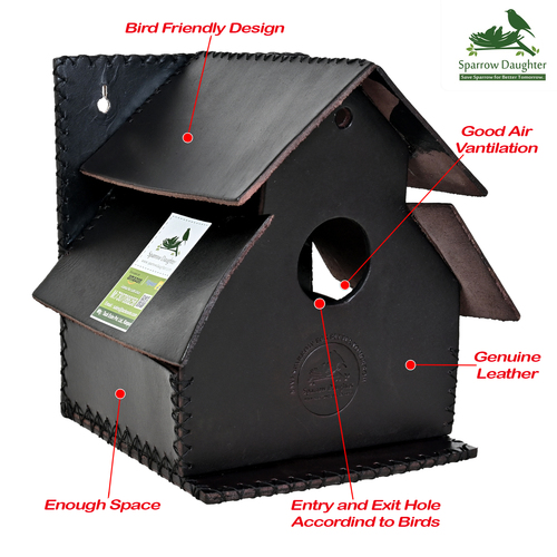 Handmade Double Roof Birdhouse Dark Brown Color made of Leather Vegan Leather and Synthetic leather