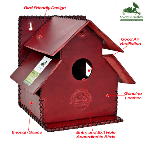 Handcrafted Double Roof Birdhouse Red Color - Leather, Vegan Leather, Synthetic Leather, 16x20x19 cm | Attractive Design, Easy Installation, Predator Protection, Bird-friendly