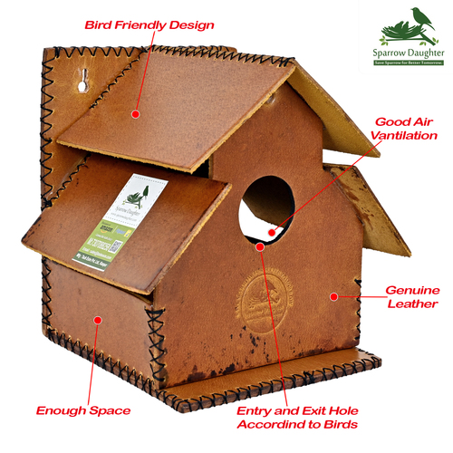 Handcrafted Double Roof Birdhouse Lemon Yellow color with Leather Vegan Leather and Synthetic leather