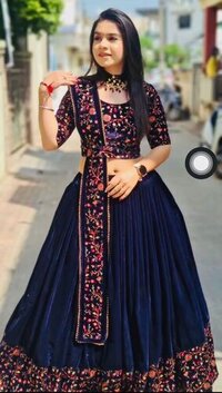 Women Designer Velvet Lehenga Choli - Navy Blue, Customizable Size, Half Sleeves, Hand-embroidered Floral Design, Elegant Flowing Skirt, Perfect Fit