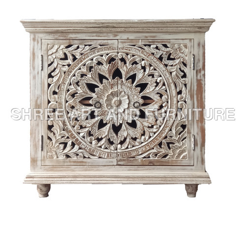 Vintage Indian Rustic Hand Carved 2 Doors Storage Cabinet - Feature: Durable