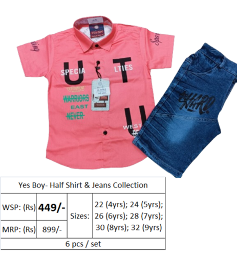 Kids Cotton Jeans With T-Shirt - Classic Style Sizes S M L XL | Short Sleeves Printed Pattern Washable Fabric in Pink for Boys (Ages 4-9)