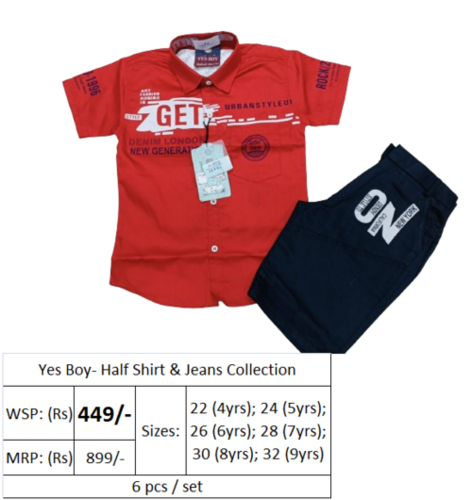 Boys Casual Jeans With T-shirt - Cotton, Sizes L, S, M, XL, Red, Printed, Classic Style, Short Sleeves, Washable | Ages 4-9 Years, 6-Piece Set
