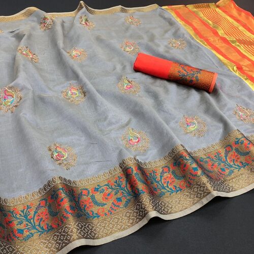 Varsha Grey Soft Cotton Silk Saree