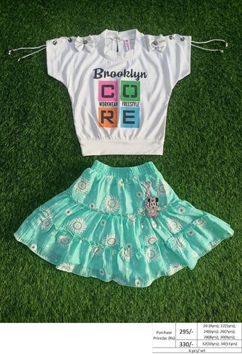 Skirts Top - Cotton Sizes S-XL White & Sky Blue Colors | 6-Piece Set for Girls Printed Pattern Washable Short Sleeve Summer Style